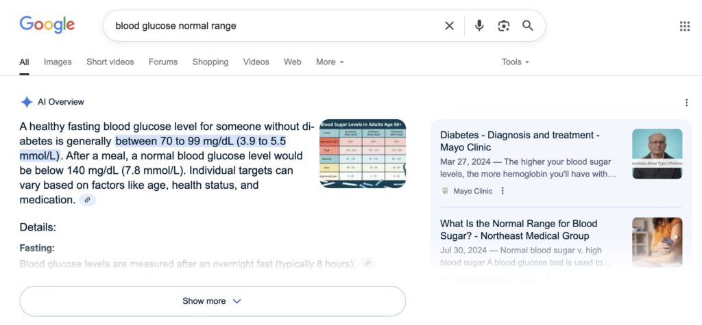 Google AI Overview shows a summary about normal glucose levels.