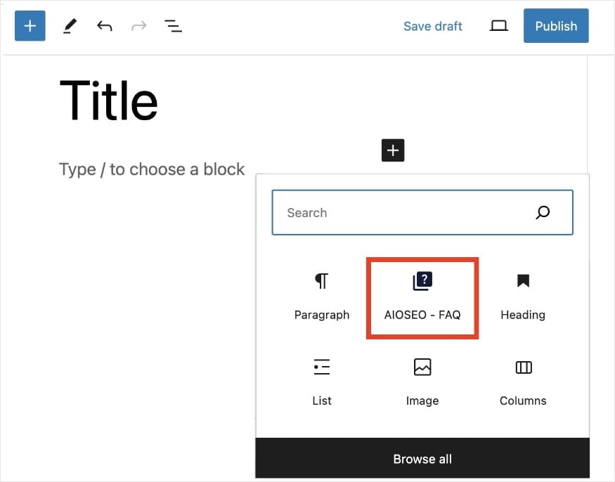 AIOSEO FAQ block in the WordPress Editor.