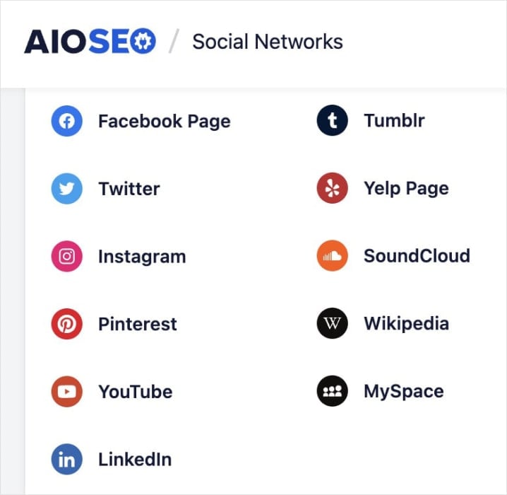 Available social networks in AIOSEO's social media integration.
