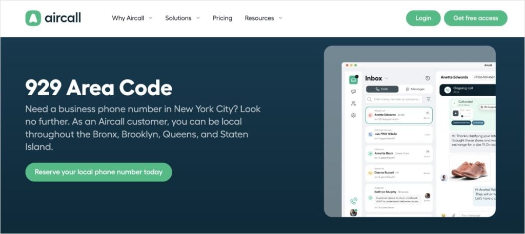 Aircall landing page for the 929 area code.
