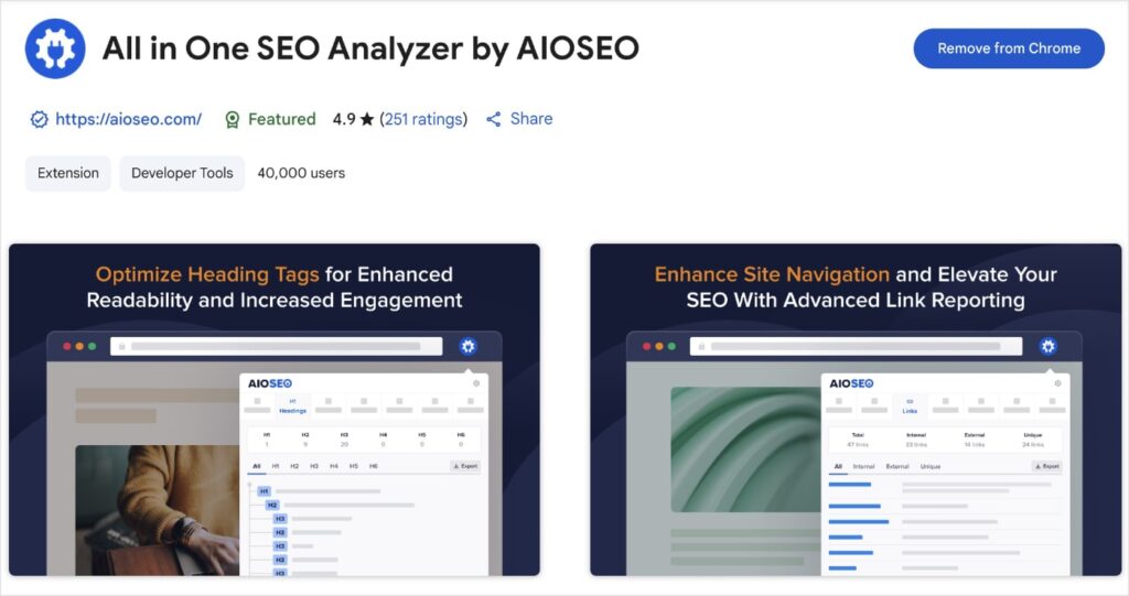 The All in One SEO Analyzer Chrome Extensions allows you to check the SEO status of a website.