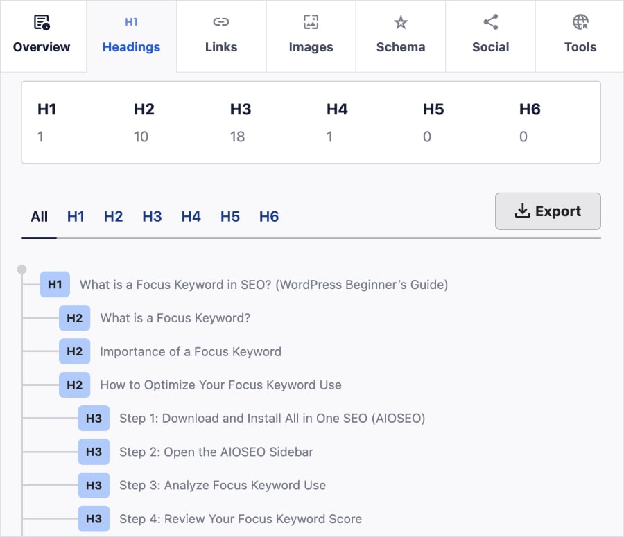 Content structure in the Headings tab shows the H1, H2, and H3 tags.