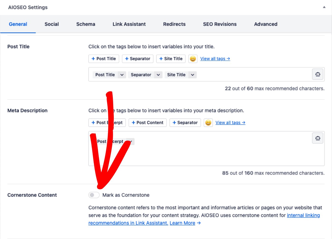 Cornerstone Content in the AIOSEO Settings section of the Edit Post screen