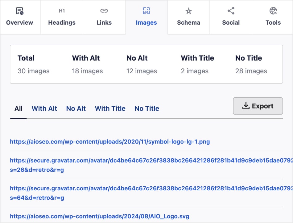 Image SEO status check in the Analyzer tool.
