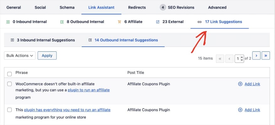 Internal linking suggestions from Link Assistant.