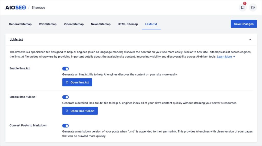 LLMs.txtジェネレーターには、カスタマイズ設定のためのトグルスイッチがあります。