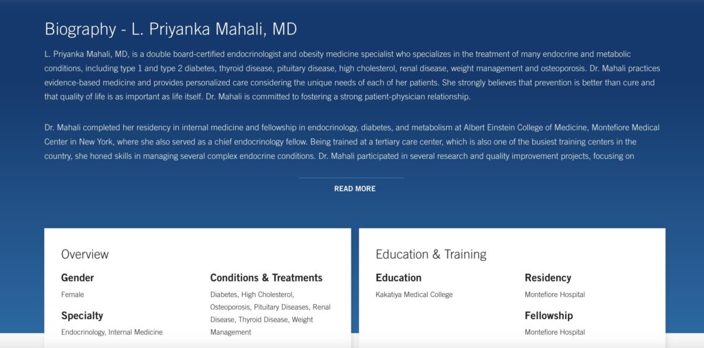 Medical bio page for L. Priyanka Mahali, MD.