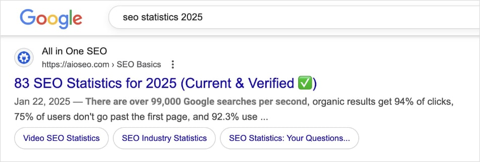 Google search result shows the SEO title and meta description in SERPs.