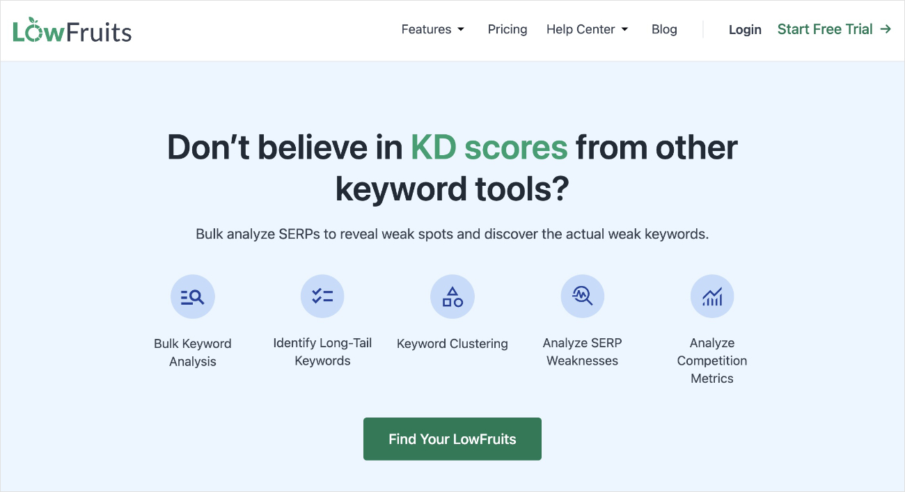 LowFruitsは、ロングテールキーワードの機会を明らかにすることで、キーワードランキングを向上させることができます。