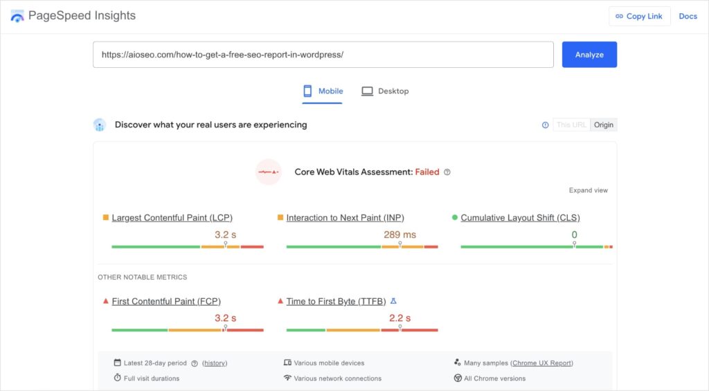 PageSpeed Insightsのモバイル向けパフォーマンスレポート。