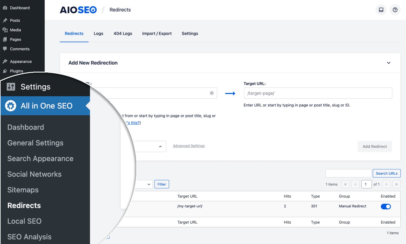 Redirects in the AIOSEO menu in WordPress.