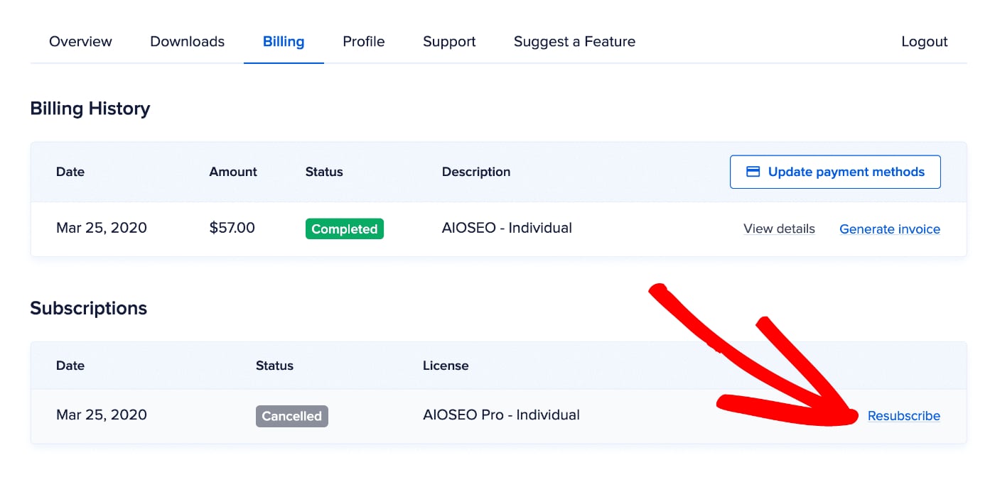 Billing screen in the Account area on aioseo.com