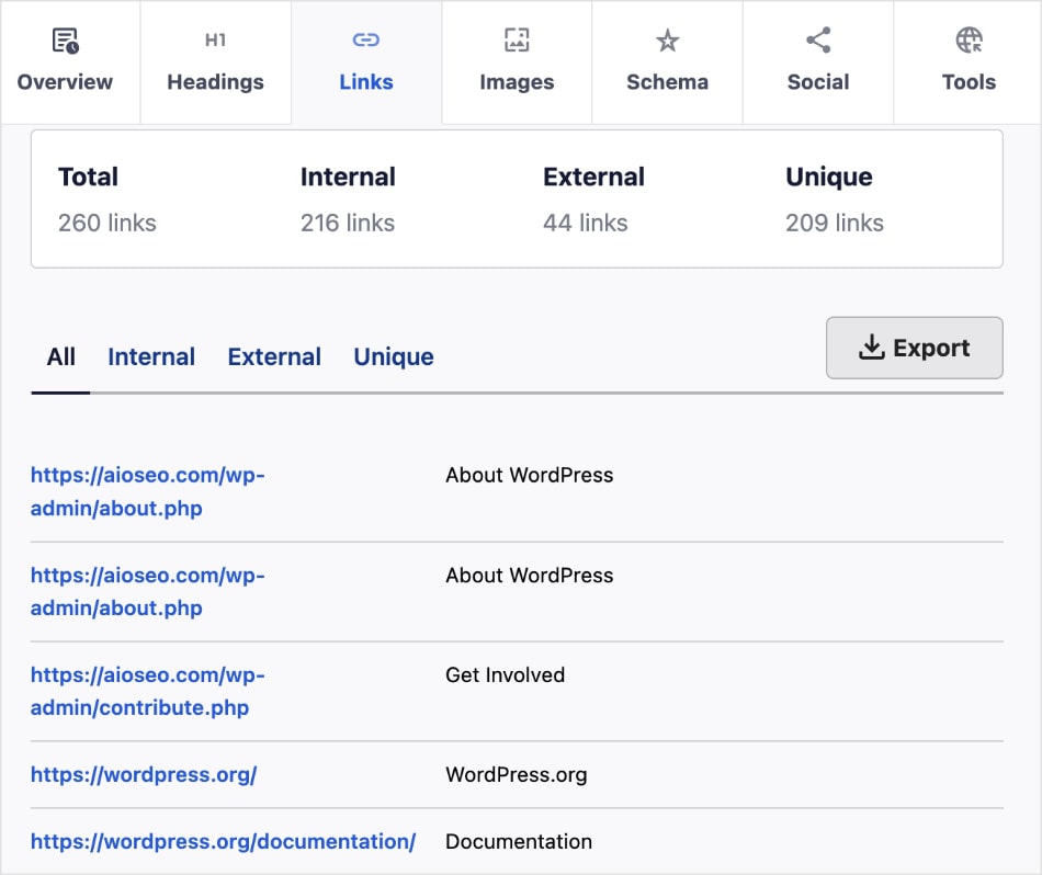 Internal and external links in the SEO Analyzer.