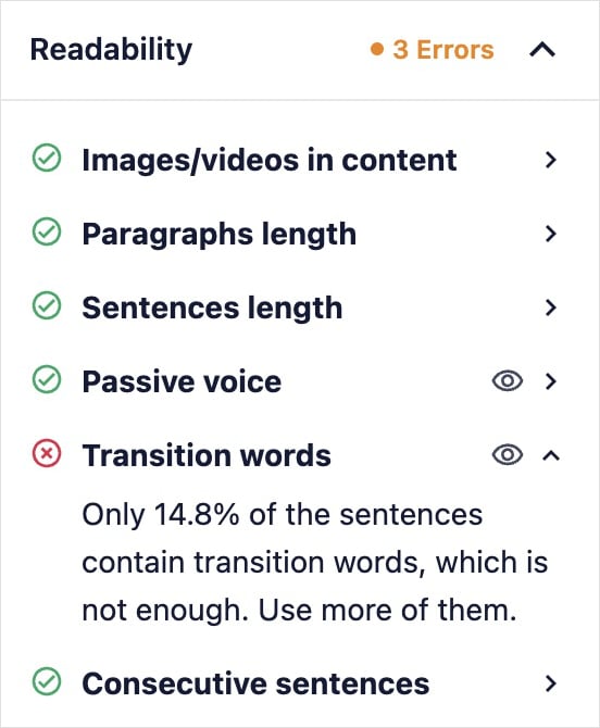 AIOSEO Readability Checklist gives recommendation to add more transition words.