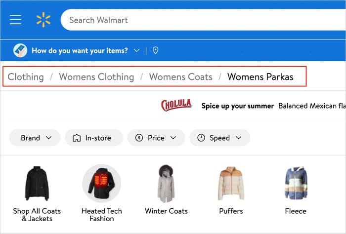 Example of breadcrumbs on Wal-Mart's website.