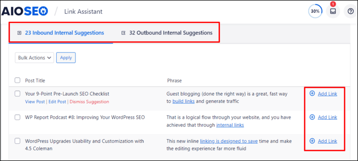 Buttons to add links from Link Assistant's internal suggestions.