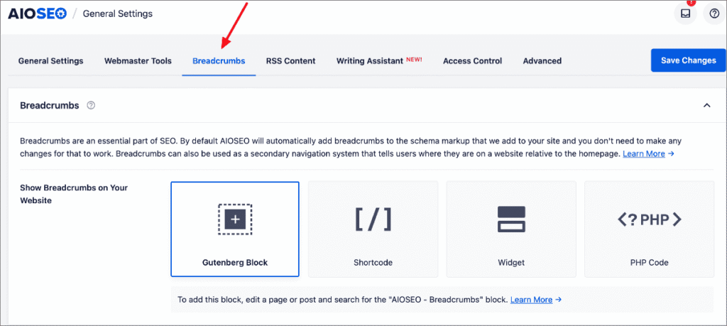 Add Breadcrumbs in WordPress under the AIOSEO General Settings menu.