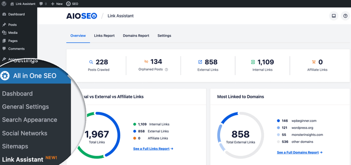 Link Assistant dashboard in the AIOSEO menu.