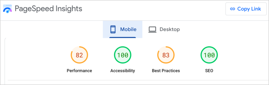 Google PageSpeed Insightsのスコア。