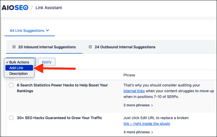 Adding internal links using Link Assistant