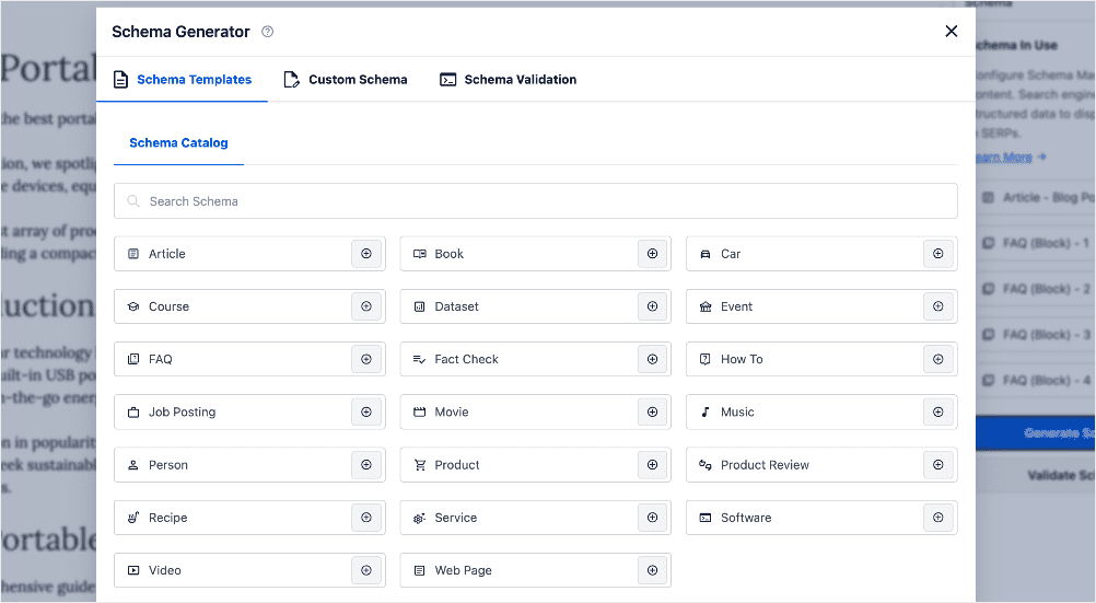 AIOSEO Schema Catalog shows available schema types.