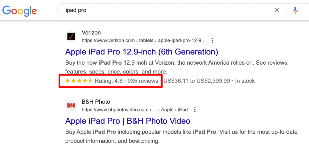 Rich snippet with star ratings and pricing information.