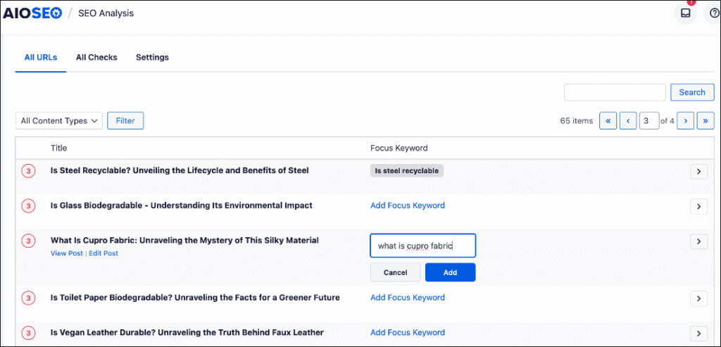 Add focus keyword in the All URLs view of SEO Analysis.