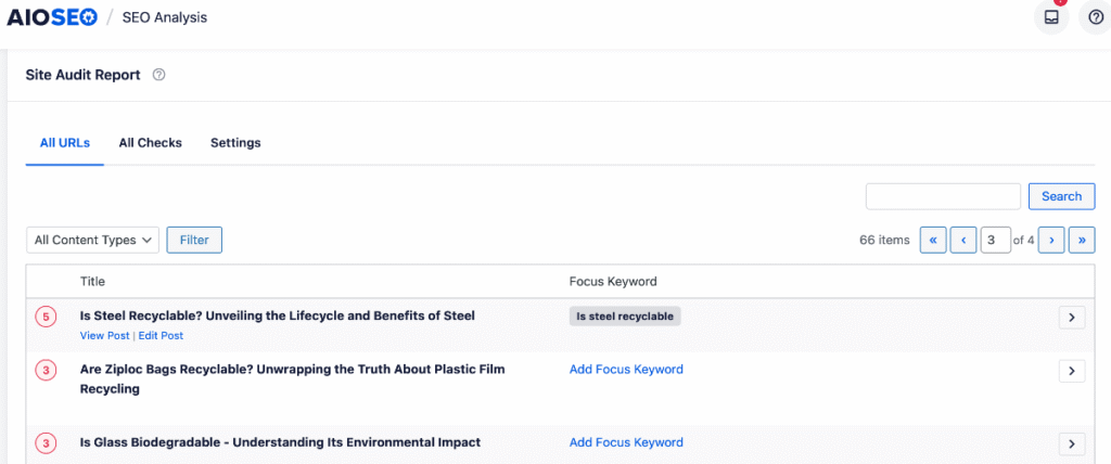 All URLs View in SEO Analysis tool.