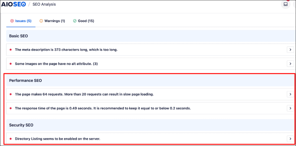 SEO Performance section in AIOSEO's SEO Analysis.