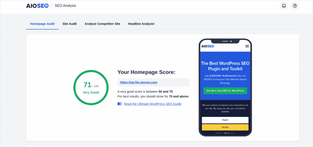 AIOSEO Homepage Audit shows a score of 71 out of 100.