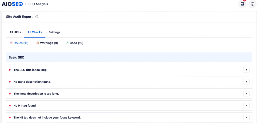 All Checks view in Site Audit.
