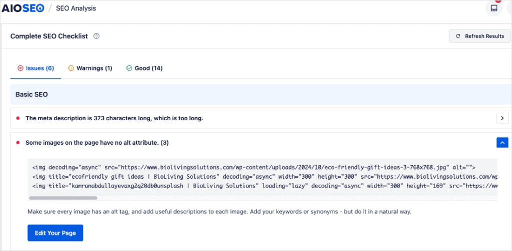 Basic SEO tab in the Site Audit