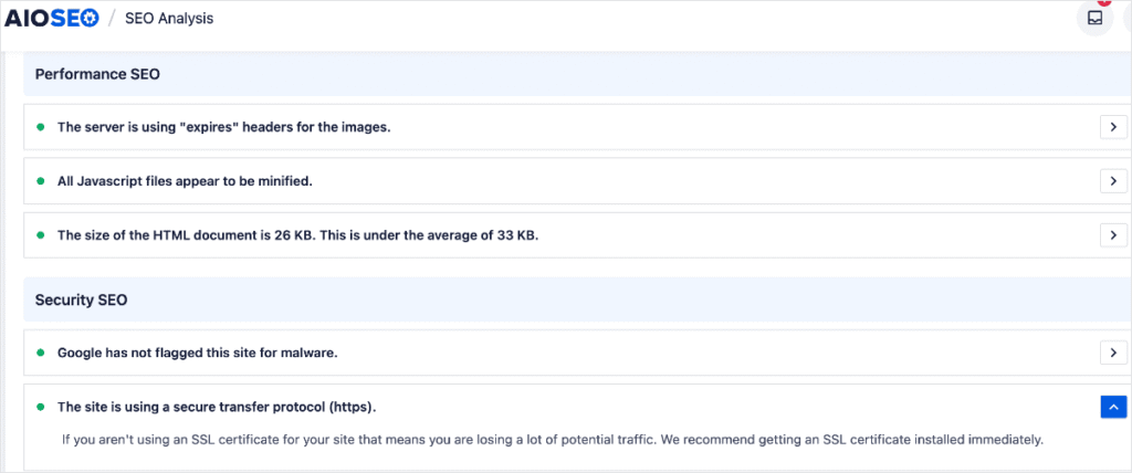Site Audit's Performance and Security sections