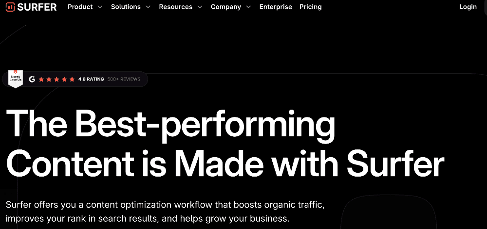 Surfer SEO homepage