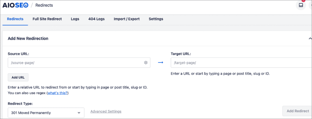 Adding new redirect in All in One SEO