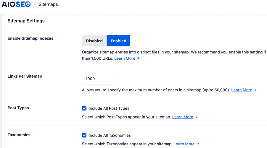 AIOSEO Sitemap Settings in WordPress.